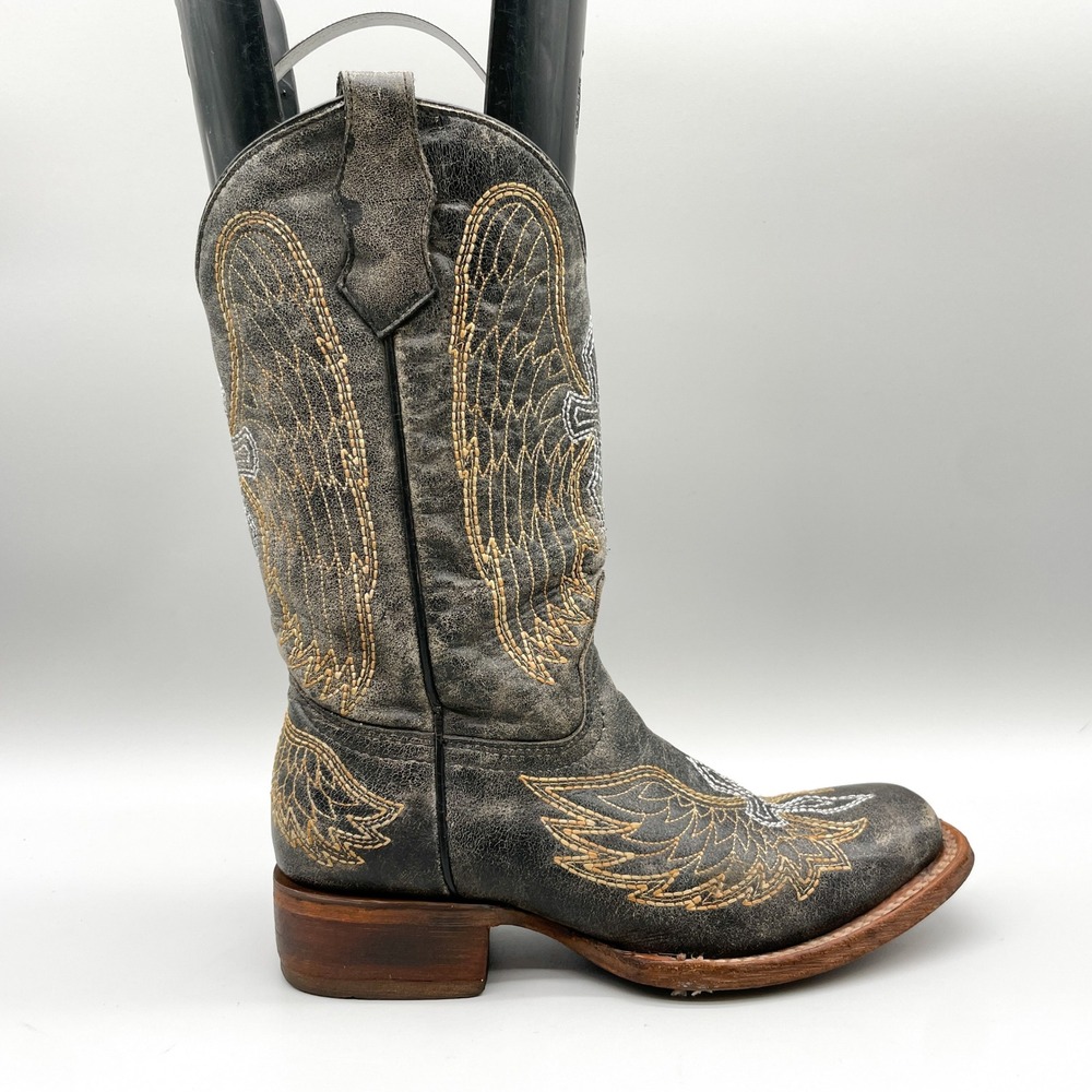 Corral Teen Girls Size 4.5 Distressed Black Leather Wing Cross Western Boots